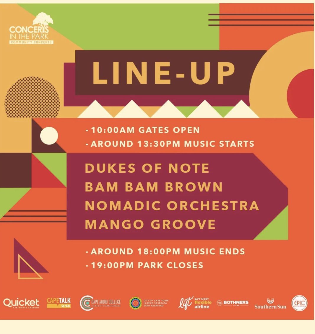 Sunday running order 89 bucks at <a href="/QuicketSA/">Quicket South Africa</a> - weather be good 22 degrees with <a href="/DukesOfNote/">Dukes Of Note</a> <a href="/NomadOrchestra/">Nomadic Orchestra</a> <a href="/MangoGrooveSA/">Claire Johnston</a>  - please retweet <a href="/CityofCT/">City of Cape Town</a> <a href="/texxandthecity/">Texx and the City</a> <a href="/VosJames/">James Vos</a> <a href="/CPTgigs/">Cape Town Gig Guide</a> <a href="/TripleMEntSA/">TripleMEntertainment</a> <a href="/TrendinCapeTown/">Trending Cape Town</a> <a href="/capestop/">Capestop</a> <a href="/djselwynb/">Selwyn Bartlett</a> <a href="/scarhair/">scar</a>