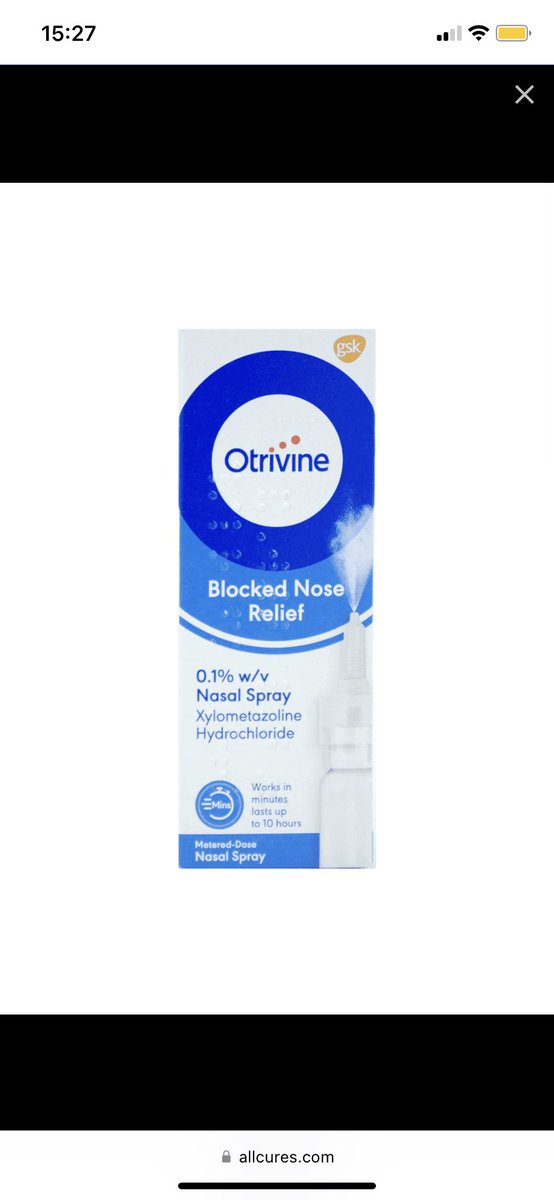 RRheLS's tweet photo. @PUNCAliceStN I’ve got chronic sinusitis and swear by nasal spray Otrivine, but specifically the blocked nose relief. It comepletely clears me up. Doesn’t taste great if it trickles down your throat,  but works wonders https://t.co/HNmkgF85nu