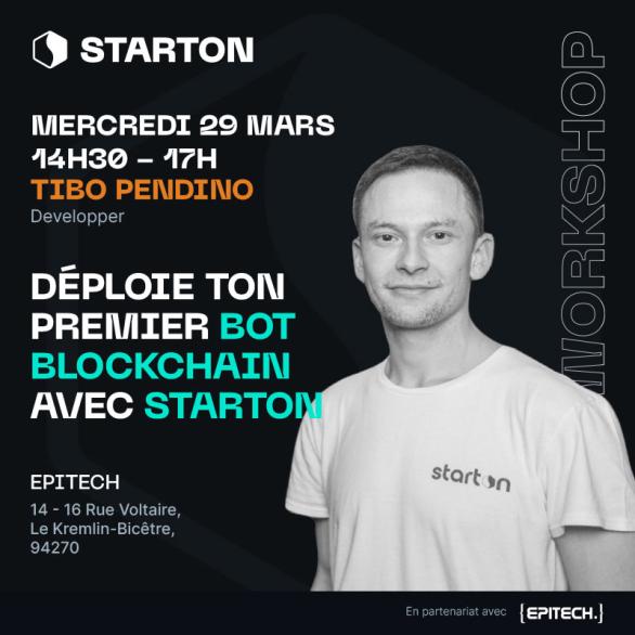 Workshop Incoming 🚨

Tibo Pendino, talented dev at Starton will guide <a href="/Epitech/">Epitech</a> students through the deployment of their 1st #blockchain bot💪

✍️March 29th
📍At Epitech one of the reference in computer expertise training, digital and innovation.