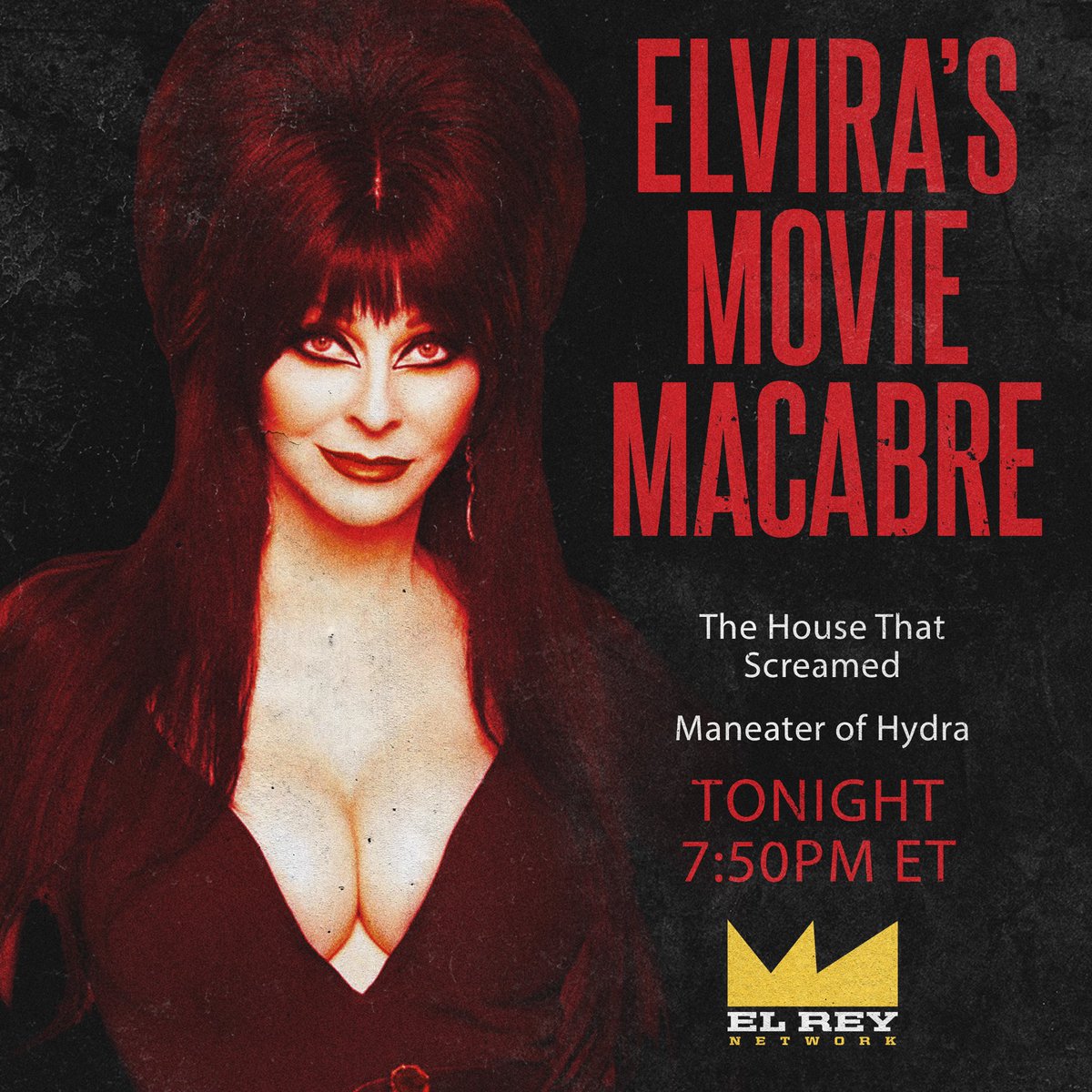 Tonight, get cozy for Elvira's Movie Macabre! Two movies, The House That Screamed and Maneater of Hydra starting at 7:50pm ET on #ElReyNetwork