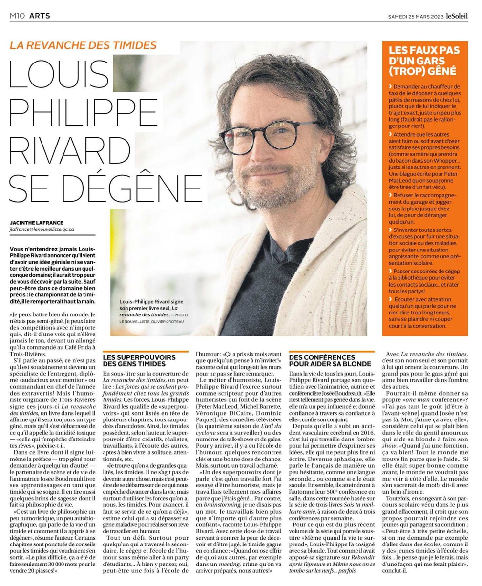 📌🗞AUJOURD'HUI DANS LES MÉDIAS | C'est le cas de le dire, le livre de <a href="/LPRivard/">LouisPhilippe Rivard</a> , LA REVANCHE DES TIMIDES fait jaser dans les médias.  Nous vous partageons l'article paru dans le journal <a href="/lesoleildeqc/">Le Soleil</a> de ce matin, bonne lecture!

#LaRevancheDesTimides