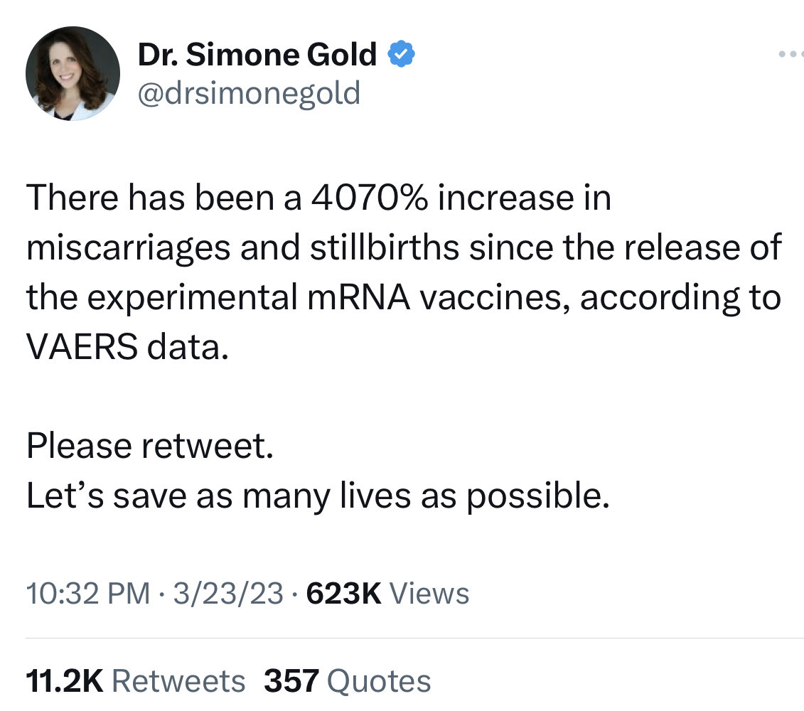 This is bullshit. The truth is, vaccines don’t cause miscarriages, but pregnant women with COVID were 8X as likely to die as those uninfected. 1200 women died during or after childbirth in 2021 the highest rate since 1964. People like this have blood on their hands.