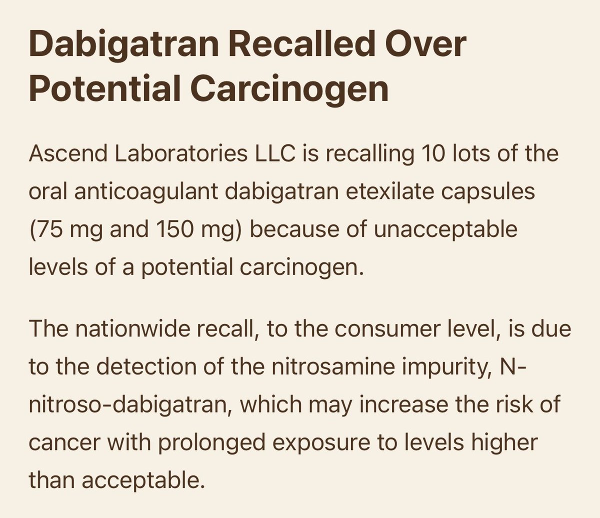 P.R. Pacientes que usan Pradaxa,deben comunicarse con su médico/farmacia para ver si son del“recall”de la compañía(de 6/22 a 10/22).Pradaxa trata coágulos,evita eventos cerebrales(fibrilación atrial),después de operación ortopédica,etc.
NO LO DESCONTINUE, LLAME Al MÉDICO 1ero.