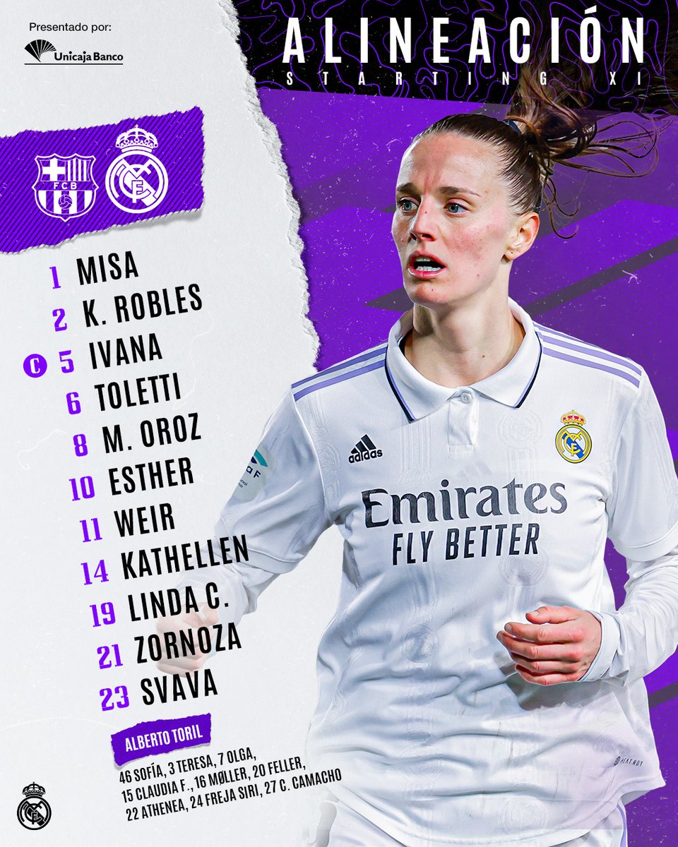 realmadridfem's tweet photo. 📋✅ ¡Nuestro 𝗫𝗜 inicial 🆚 @FCBfemeni! 
#LigaF | @UnicajaBanco https://t.co/tmO920syWz