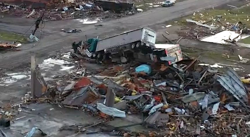 Tractor-trailer trucks were tossed around like miniature toy cars during a massive tornado that tore through Rolling Fork, Mississippi, Friday night, killing at least 23 people and injuring many others. (Aaron Jayjack)