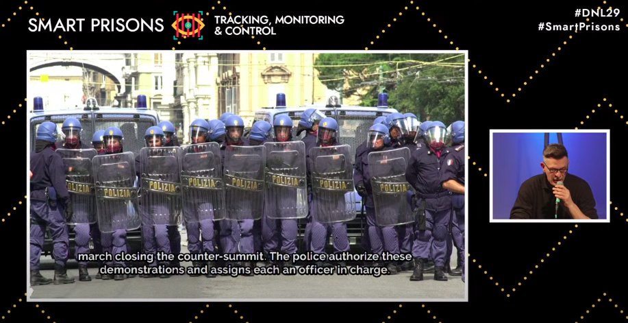 disruptberlin's tweet photo. "In the G8 of #Genoa2001 firearms are used against protesters in Italy for the first time in two decades." @carcke, #SmartPrisons. Streaming now live here: https://t.co/jTBlBVD0Oj https://t.co/2JoNxA2Gwi