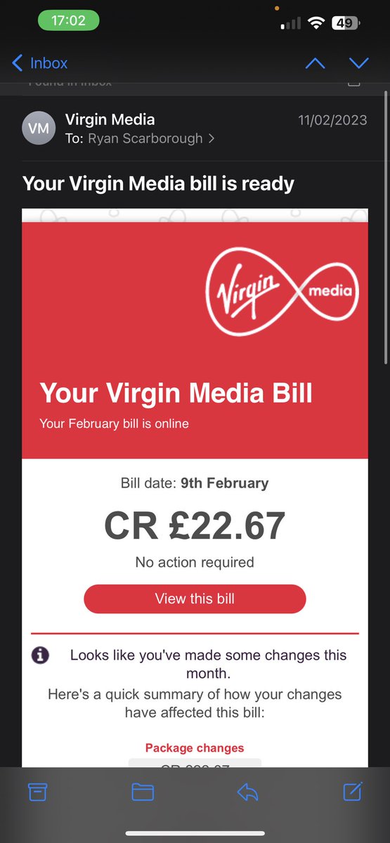 RySnapmatic's tweet photo. @virginmedia who in EARTH hires your contact centre staff.
Get it sorted - currently in the process of legal action for MISCONDUCT and MISSELLING. 
Bill generated and sent to me for CR £22.67 but I’ve been charged £100 for “moving home” IT SAYS NO ACTION NEEDED!!!!! https://t.co/r8dkHMZYd9