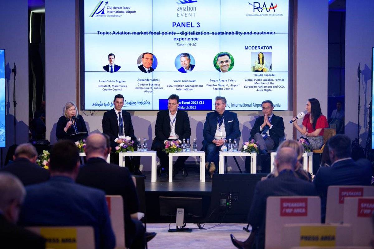ArivaCoin's tweet photo. Our CCO @ClaudiaTapardel represented #ArivaDigital as speaker in the @Aviation_Event CLJ 2023. Top professionals, CEOs of airline companies and airports shared their vision about the challenges faced by the aviation ind and the need for digitalization & sustainability. https://t.co/vhZ3nHbkyd