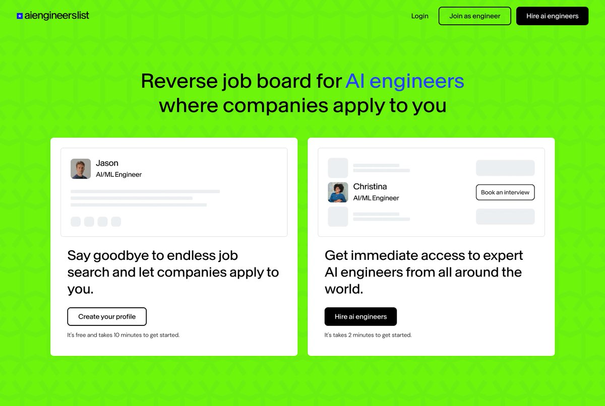 yogesharc's tweet image. I have been working all day today on my new project.
✦ aiengineerslist.com → A reverse job board for AI engineers where companies apply to talents.
Still a ton of stuff left to do but let's onboard some users in the platform first 🙂