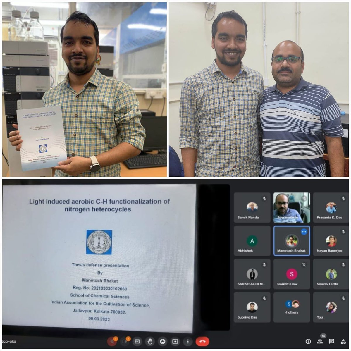 Heartiest congratulations to our most recent graduate Dr. Manotosh Bhakat <a href="/ManotoshBhakat/">Manotosh Bhakat</a>, and again wishing him all the best for his new journey <a href="/HPCL/">Hindustan Petroleum Corporation Limited</a> 
#Guin_Lab
<a href="/RadCatGroup/">Guin_Lab</a> 
<a href="/IACS/">Internato Adventista</a>