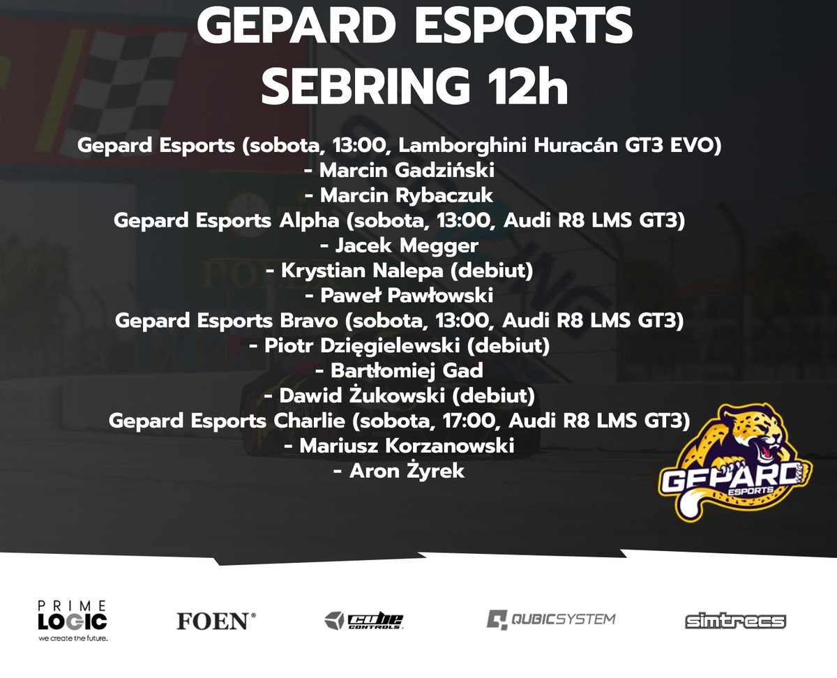apexoneteam's tweet photo. iRacing Special Event
Sebring International Raceway, FL🏎🏁

12 hours
4 Gepard Esports teams
10 drivers
3 Twitch channels

Join us!💪

https://t.co/a4R2xyy6Z0
https://t.co/4pIKFDhHNU
https://t.co/v26bWylOgf

#ReleaseGepard #simracing
#Foen @Cube_Controls @QubicSystem #Simtrecs https://t.co/mTwhTG9f76