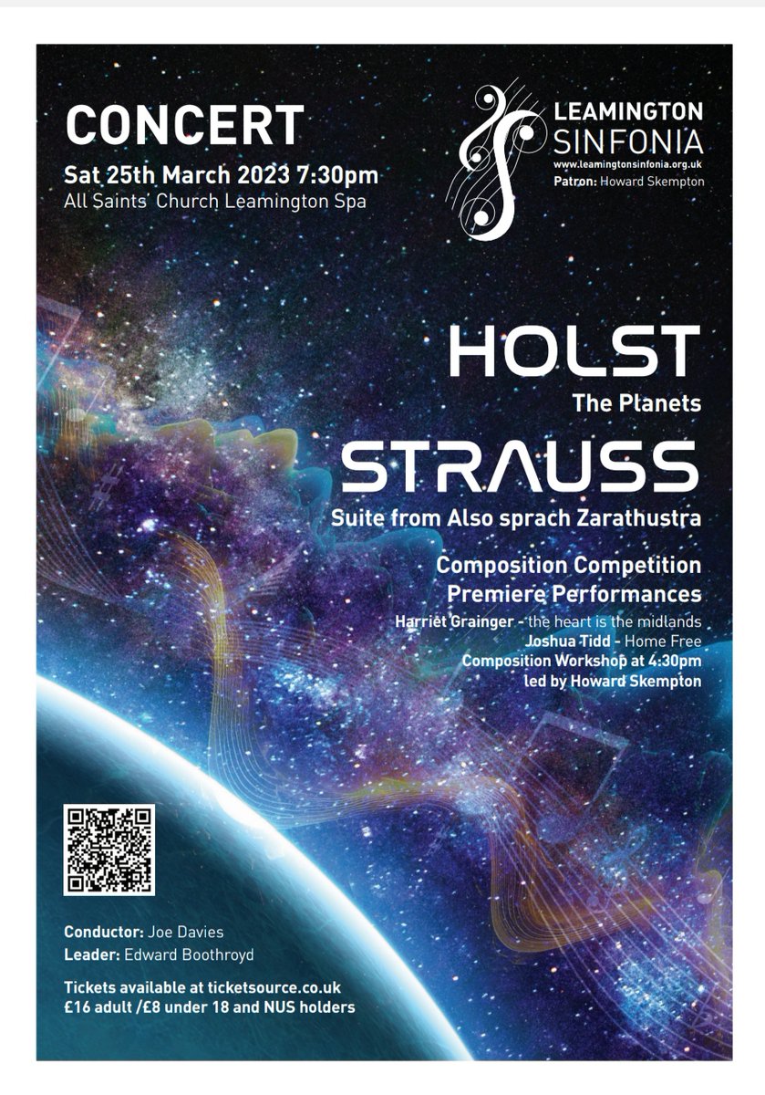 🎶CONCERT DAY🎶
LS look forward to welcoming you to <a href="/AllSaintsLeam/">AllSaintsLeamington</a> 
🕟4.30pm-5.15pm: CompositionCompetition Workshop Talk
🆓Free

🕢7:30pm: Full concert
🎶Holst-The Planets; Strauss-Suite from Also Sprach Zarathustra; CompositionCompetition Performances
🎟️ticketsource.co.uk/leamsinfonia
