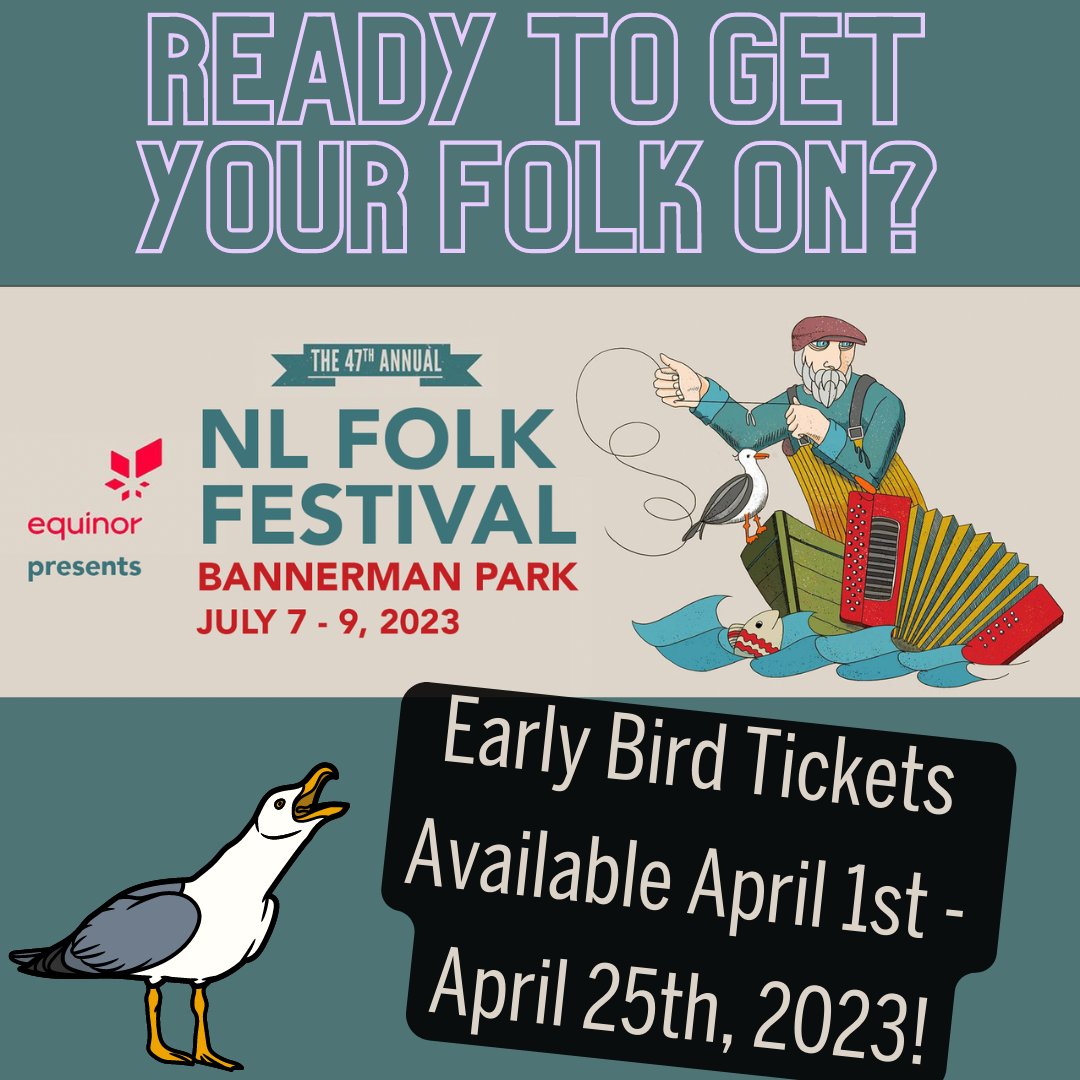 nlfolk's tweet photo. Get ready to flock to the park! We'll have Early Bird Tickets for the 47th Annual NL Folk Fest, presented by Equinor, available for purchase starting on April 1st!
This is no April Fools - Snag your discounted weekend passes before the deal flies the coop! Ticket link coming soon https://t.co/28ygEPTsaD