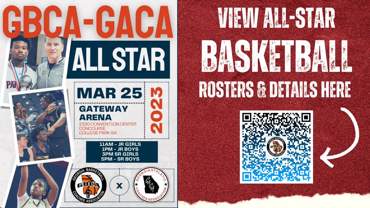 The GBCA - GACA All-Star Basketball Games, sponsored by BSN Sports, is today! Are you ready? 🏀 To view the All-Star Team Rosters and event details, including the link for the live stream, scan the QR code!  👇 👇 👇 👇