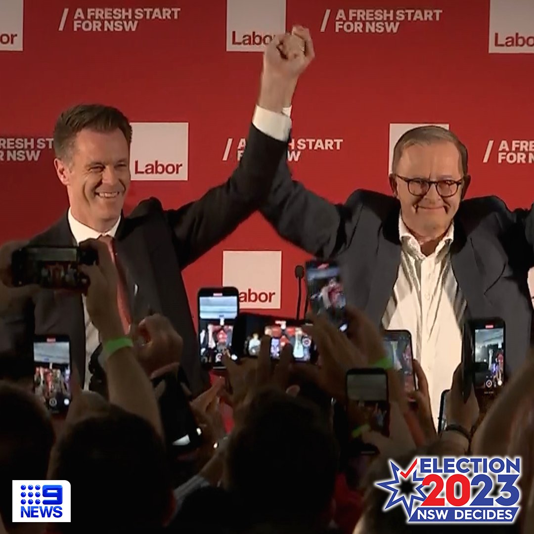 9NewsSyd's tweet image. Chris Minns and Prime Minister Anthony Albanese celebrate a landslide Labor win in the NSW electorate.

MORE: nine.social/9Ve

#NSWVotes | WATCH LIVE on Channel 9 and 9Now