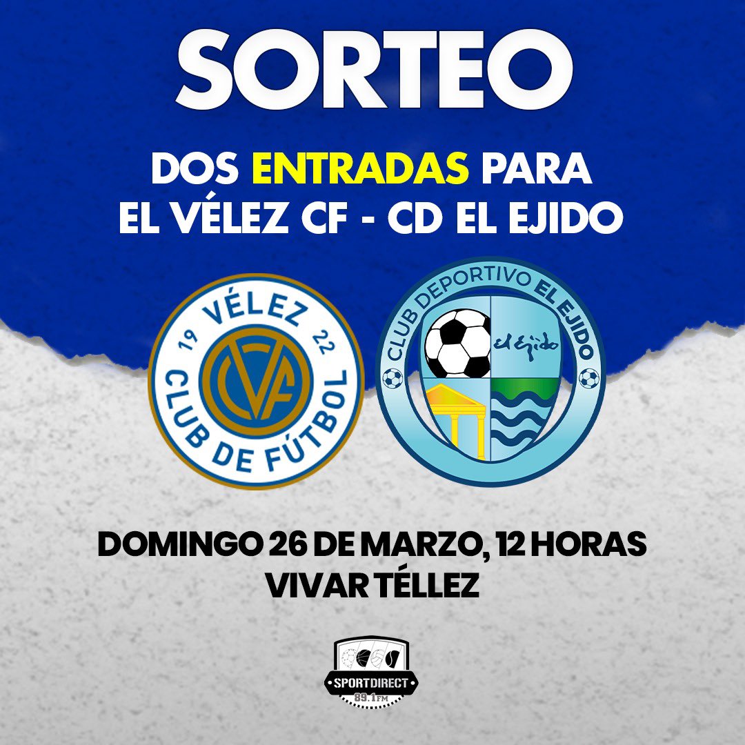 SportDirectR's tweet photo. 🎟️ Sorteamos dos entradas para ver el duelo este domingo entre @VELEZCFoficial y @Poli_ElEjido 

- Dar RT al tweet
- Seguir al @VELEZCFoficial y a @SportDirectR
 - Comentar con quién irás al Vivar Téllez https://t.co/XObxnHDQL2