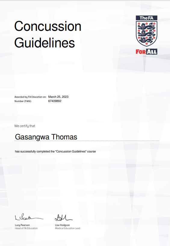 Just completed The FA concussion guidelines course and feel empowered to promote safe and responsible sports practices! #concussionawareness #sportsafety
@Rwanda_Sports @FERWAFA @RwandaOlympic @AmavubiStars