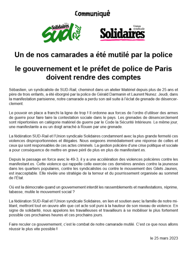 UnionSolidaires's tweet image. Communiqué de SUD Rail et Solidaires

Un de nos camarades a été mutilé par la police : le gouvernement et le préfet de police de Paris doivent rendre des comptes

solidaires.org/sinformer-et-a…