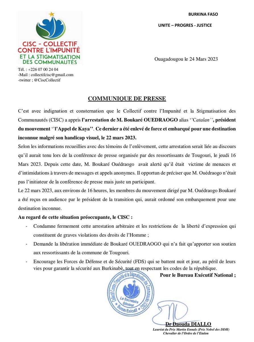 LobsNumerique's tweet photo. Dans le communiqué ci-après, le Collectif contre l’Impunité et la Stigmatisation des Communautés (CISC) exprime son « indigantion » et sa « consternation » suite à ce qu’elle qualifie d »’arrestation arbitraire » du président du mouvement L’Appel de Kaya, Boukaré Ouédraogo. https://t.co/yf5axdUM9E
