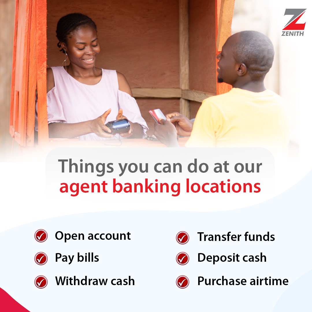 ZenithBank's tweet photo. Perform transactions safely and conveniently at any of our Agent Banking locations in your neighborhood. 

Simply look out for the Zenith Bank Agent Banking sign.

#ZenithBank #AgentBanking #Zmoney #Weekend #Saturday #Neighborhood https://t.co/nTwxrLdklX