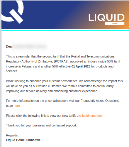 zimpricecheck's tweet photo. Even in light of everything like ZESA being barely available, the official rate now being closer to the unofficial rate, #LiquidHome and #POTRAZ are still going to go ahead with their planned price hike on 1 April https://t.co/sNbJVBwHHj