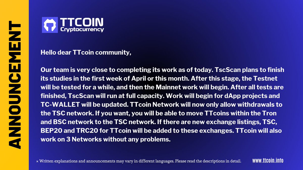 ▫️ANNOUNCEMENT <a href="/TscScan/">TTcoin Smart Chain Explorer</a>
