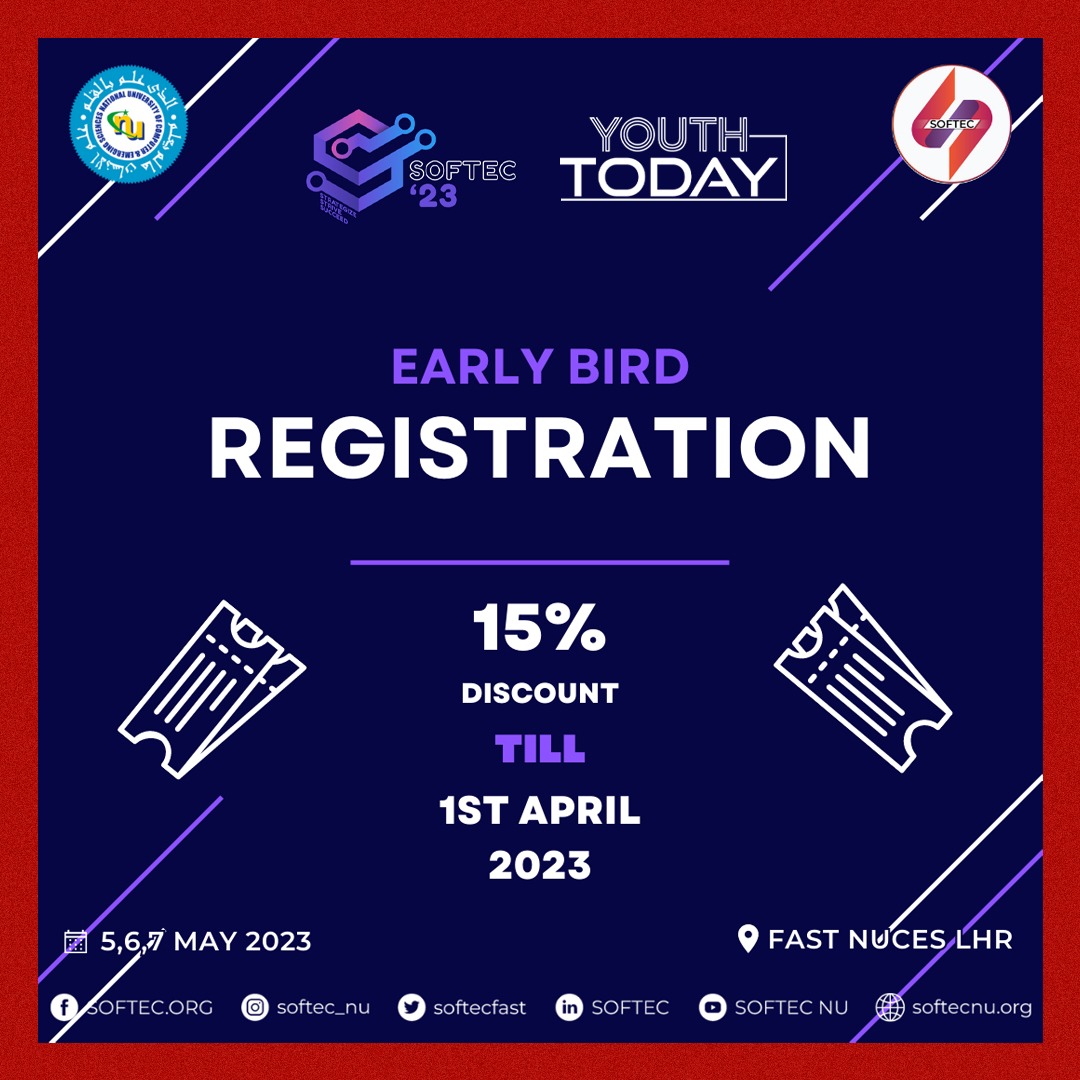 DailyYouthToday's tweet photo. -@softecfast is offering 15 percent early bird discount on all registrations. Register now: https://t.co/3gLSGLfyTI…
#Softec @FastNU_Official
#Softec2023 #software #Future #artificialintellegence #Competition https://t.co/IqR8qsjAvu