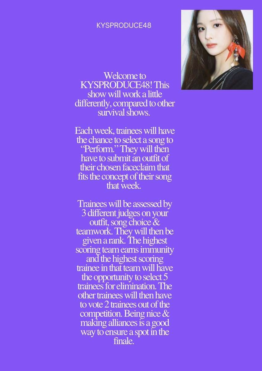 [📢] Shouting out to the public! KYSPRODUCE48 is almost here. Read below for instructions on how the show will work 💜

- Master SULLYOON

#KYSPRODUCE48 #자살하라프로듀스48