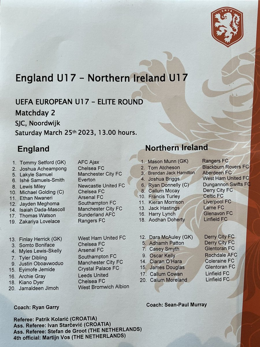 Looking forward to the <a href="/UEFA/">UEFA</a> EURO U-17 qualifier between <a href="/NorthernIreland/">Northern Ireland</a> and <a href="/England/">England</a> to watch both nation’s next generation of talent #GAWA #ThreeLions #U17EURO ⚽️