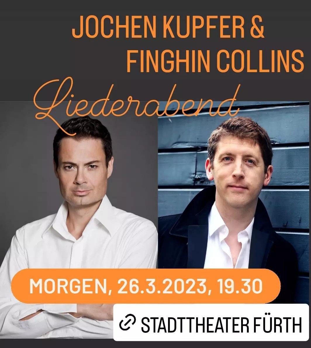JOCHEN KUPFER &amp; FINGHIN COLLINS
Schubert: Schwanengesang and selected songs
Sunday, March 26, 2023, 7.30 pm
Stadttheater Fürth
stadttheater.de/stf/home.nsf/c…