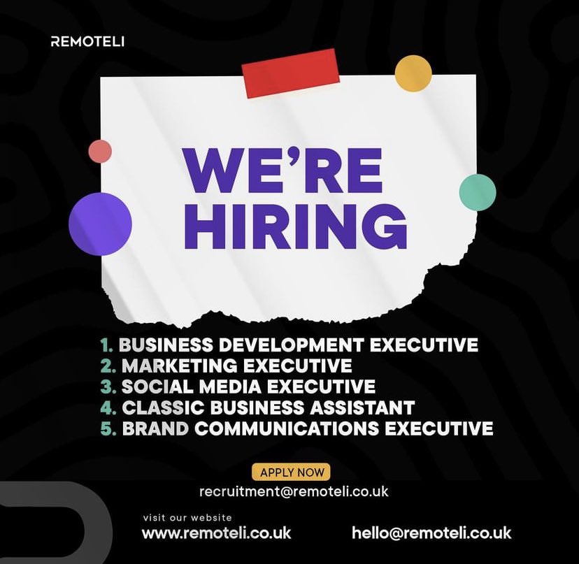 remoteli is recruiting for several roles

—————————————————
#jobsinaccra #jobsinghana #accrajobs #vacanciesghana #vacanciesinaccra #findajobghana #jobopportunitiesghana