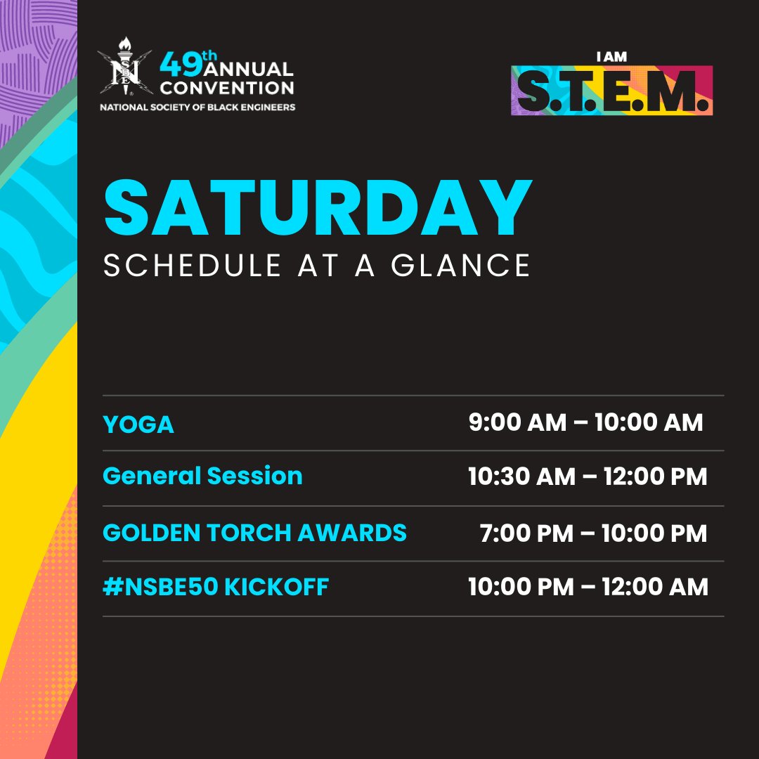 NSBE's tweet photo. Final Day of #NSBE49!!
Please be sure to check the Pheedloop app for accurate times and locations!
#NSBE #NSBE49 #NSBECONVENTION #IAMSTEM #SucceedProfessionally #TechtheFuture #EngagetheNextGeneration #ManageWellness #STEM #BlackEngineers #r5nsbe https://t.co/uOmwMOgxhd