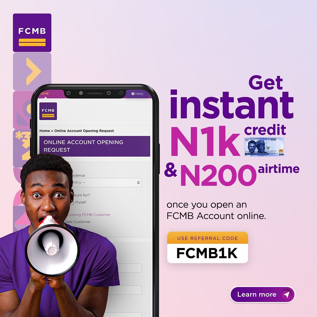 tokunboawo's tweet photo. Join the FCMB family today! Open an FCMB online Account in 4mins and get credited N1k and N200 airtime. Use Referral Code "FCMB1K" when signing up https://t.co/bgGka0VQxw
#FCMB1K https://t.co/uZF1Rd2yoZ