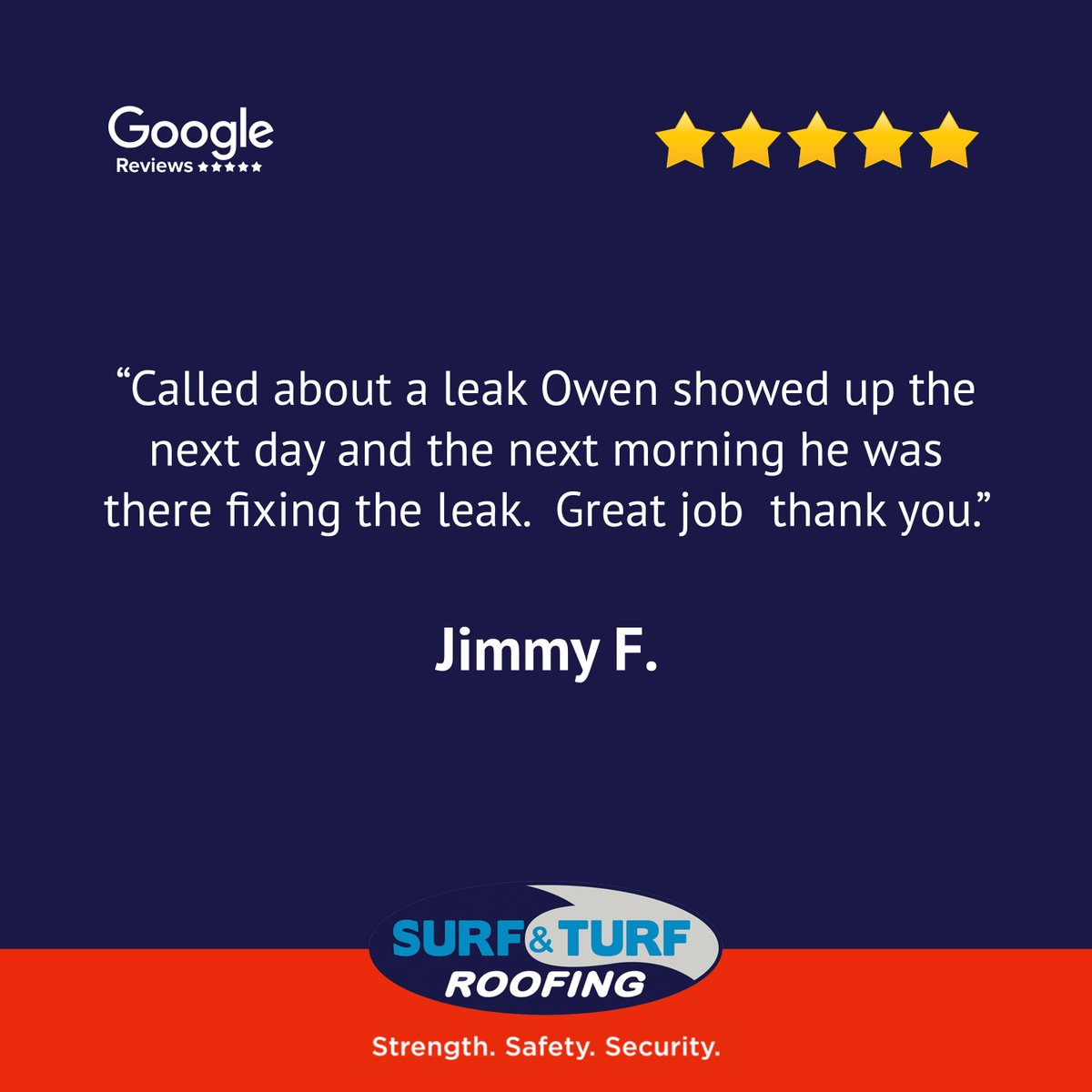 SurfandTurfRoof's tweet photo. ⭐️⭐️⭐️⭐️⭐️
“Called about a leak Owen showed up the next day and the next morning he was there fixing the leak.  Great job thank you.” -Jimmy F.

#leakyroof #roofleak #roofrepairs #speedyservice https://t.co/1eC6yMRjua