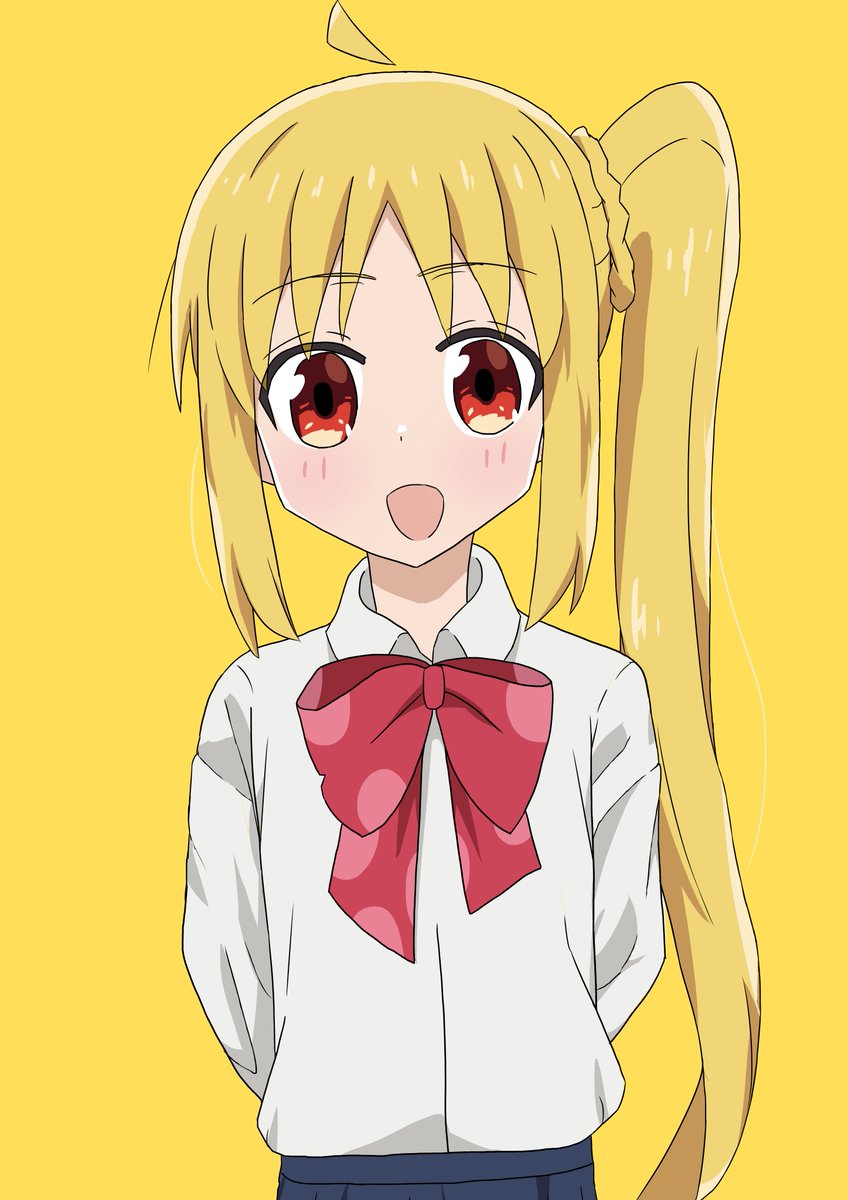 ijichi nijika 1girl blonde hair solo shirt yellow background side ponytail long hair  illustration images