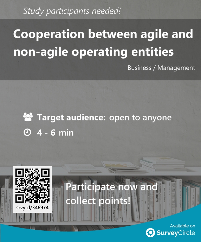 SurveyCircle's tweet image. Participants needed for top-ranked study on SurveyCircle:

&quot;Cooperation between agile and non-agile operating entities&quot; surveycircle.com/346974/ via @SurveyCircle

#agile #cooperation #ProjectMethodology #ProjectManagement #BusinessSchool #survey #survey…