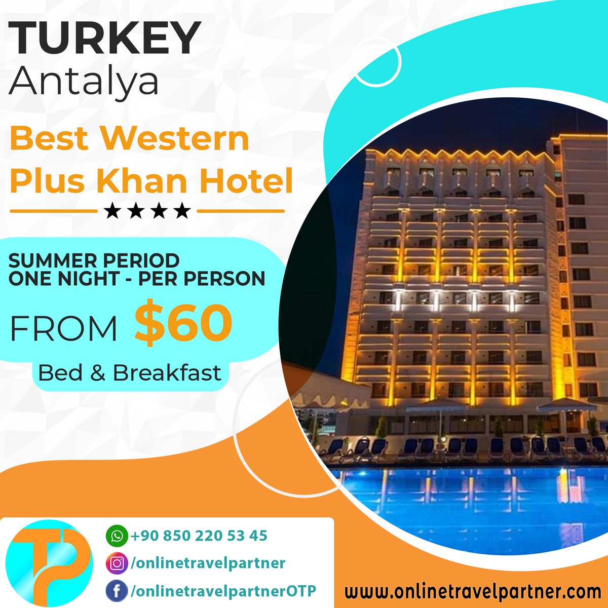Refreshing summer opportunity!

Sign up for free in our system to browse our affordable hotel options.

Call Center / WhatsApp: +90 850 220 53 45
E-Mail: info@onlinetravelpartner.com
onlinetravelpartner.com
.
.
.
.
#summer #holiday #deal #hotel #antalya #turkey #perperson #deals