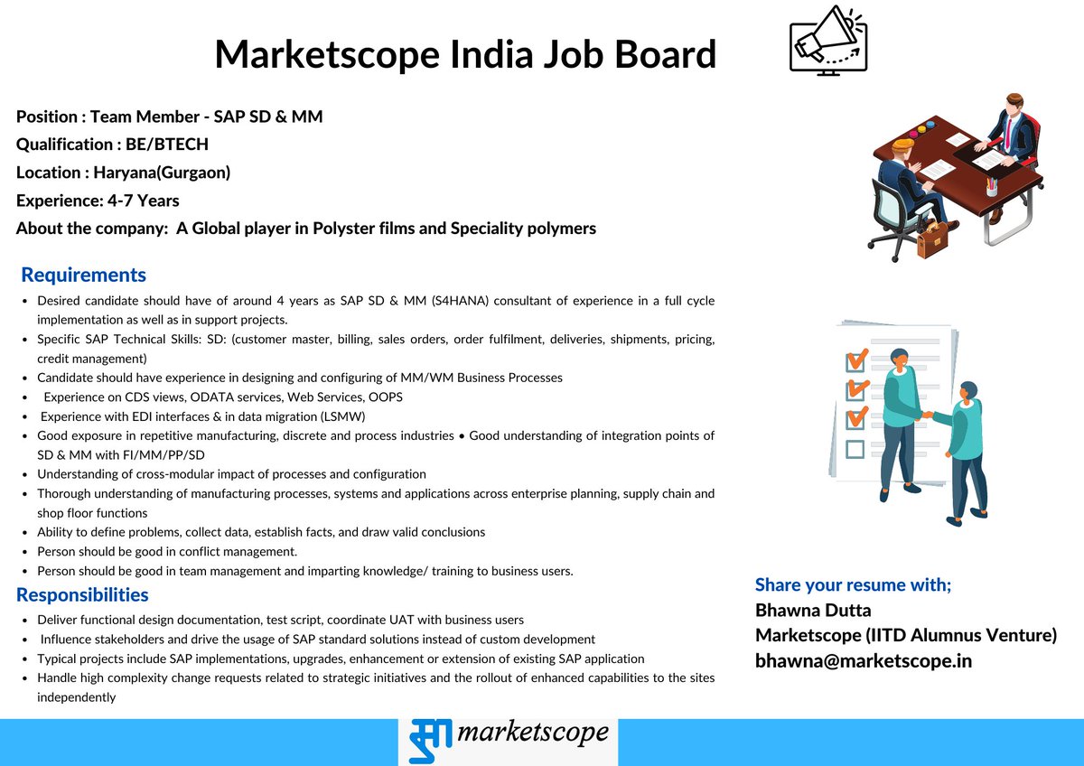 Marketscope_IND's tweet image. Job Alert !!!
We are currently looking for a Team Member - SAP SD &amp;amp; MM for a Global player in Polyster films and Speciality polymers
Experience: 4-7 Years
Location: Gurugram
Check our Job Board  for more details

#jobalerts #jobopportuni #sapsd #sapmm #jobseeker #btech #gurugram