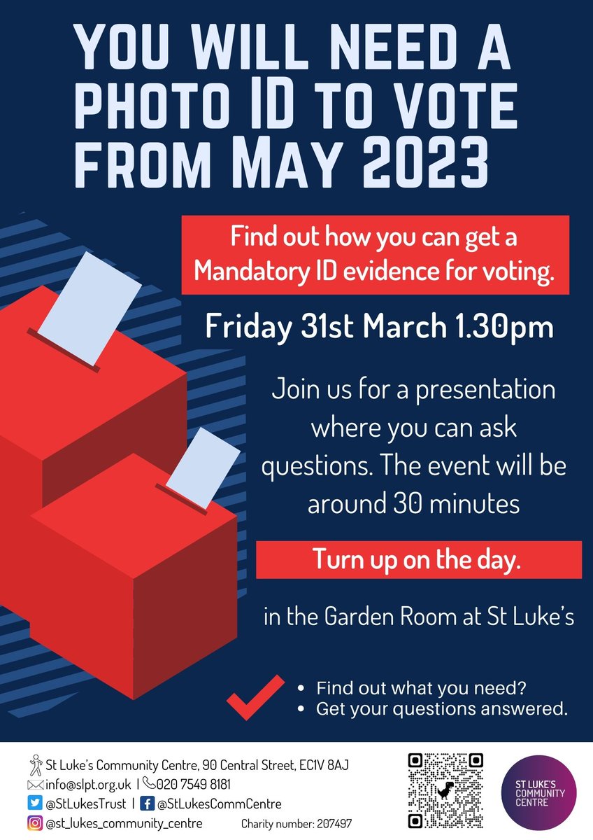 StLukesTrust's tweet image. Friday 31st March 1.30-2pm
For the first time, voters in England going to the polls in May’s local elections must show photo ID. This presentation will inform you of the process of getting a photo ID for voting.
More info: ow.ly/tASE50NrWsC
#southIslington