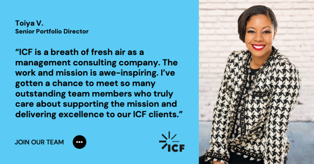 LarkinRecruits's tweet image. I love how Toiya describes what it’s like to work here at ICF. Join our talent community to learn about open roles. @ICF bit.ly/3K8pOaD