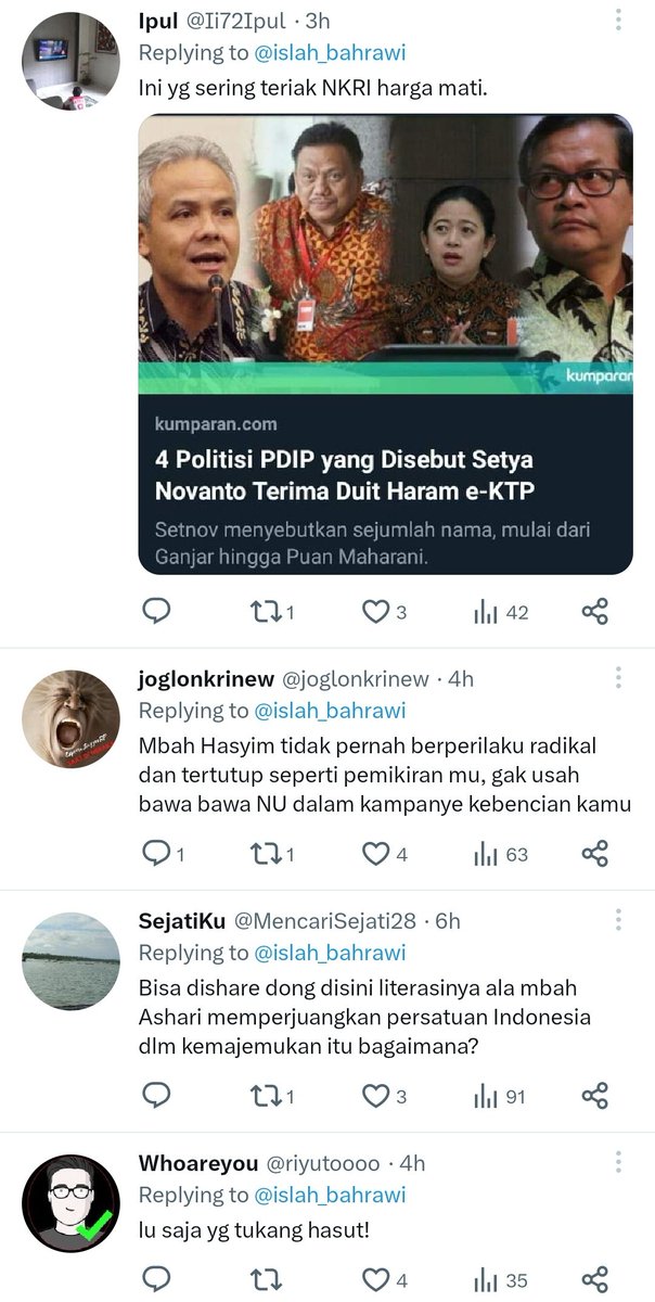 Balon2 boleh melayang di udara, yg gembos tetap di darat. Shingga perintah bohir tegas: 'serang akun Islah Bahrawi! Dia menghalangi Politisasi Agama di byk wilayah. Electoral Threshold kita terancam. Kalau Islah ciut, kalian sy beri bonus!' Lalu, mrk jd semangat. Gitu kira2.🫣🤭