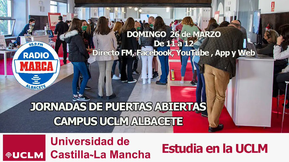 🔝 Campus <a href="/uclm_es/">Universidad de Castilla-La Mancha</a> Albacete
➡️ "Feria Estudia en la UCLM"
🏆 <a href="/GardeJulian/">Julian Garde</a> ,Catali, @FundaAlbaFem , <a href="/AlbaceteBasket/">Bueno Arenas Albacete Basket</a> ,  <a href="/BalonmanoAB/">Balonmano Albacete</a> , <a href="/GallardoLeonor/">leonorgallardo</a> , presentado por Alfonso López
🕦 11 h
📻 95.9 FM, Facebook, YouTube, Twitch, App, Web
😍 ¿Nos acompañas?