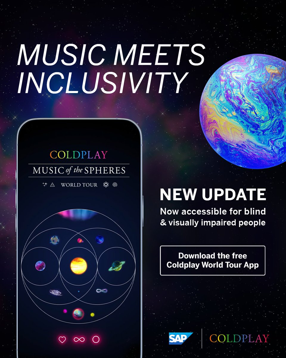 SAP's tweet image. Music meets inclusivity 🎶  

Together with @Coldplay we have made the tour app accessible for blind and visually impaired people. Join our journey: sap.to/60103hXQI