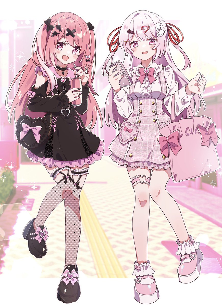 shiina yuika multiple girls 2girls pink hair jirai kei two side up dress long hair  illustration images