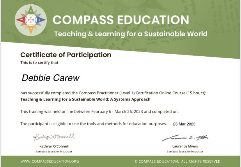 DebbsCarew's tweet photo. Celebrating my new certification!
@Compass_Ed
#SystemsThinking
#SustainabilityEducation
#CompassEducation
#Education
#CELevel1 https://t.co/6FYe9iPI90