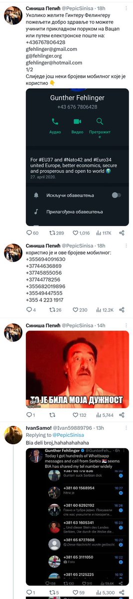 GunterFehlinger's tweet photo. Hi 🙋‍♀️ @elonmusk @Twitter this @PepicSinisa has exposed all my Telefon number, e-mail and whereabouts and now I receive 1000 messages with death ☠️ threats @usambserbia @FBI https://t.co/kmaavR8II1
