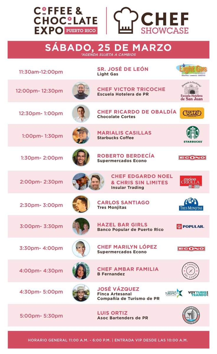 CoffeeChocoExpo's tweet photo. 👀Mira la agenda que tenemos hoy en el Chef Showcase del Coffee &amp; Chocolate Expo 2023 presentado por Supermercados Econo. Te esperamos para que disfrutes de las interesantes y deliciosas recetas que confeccionarán nuestros Chefs, Baristas y Bartenders en Vivo. https://t.co/JLDSafYcDh