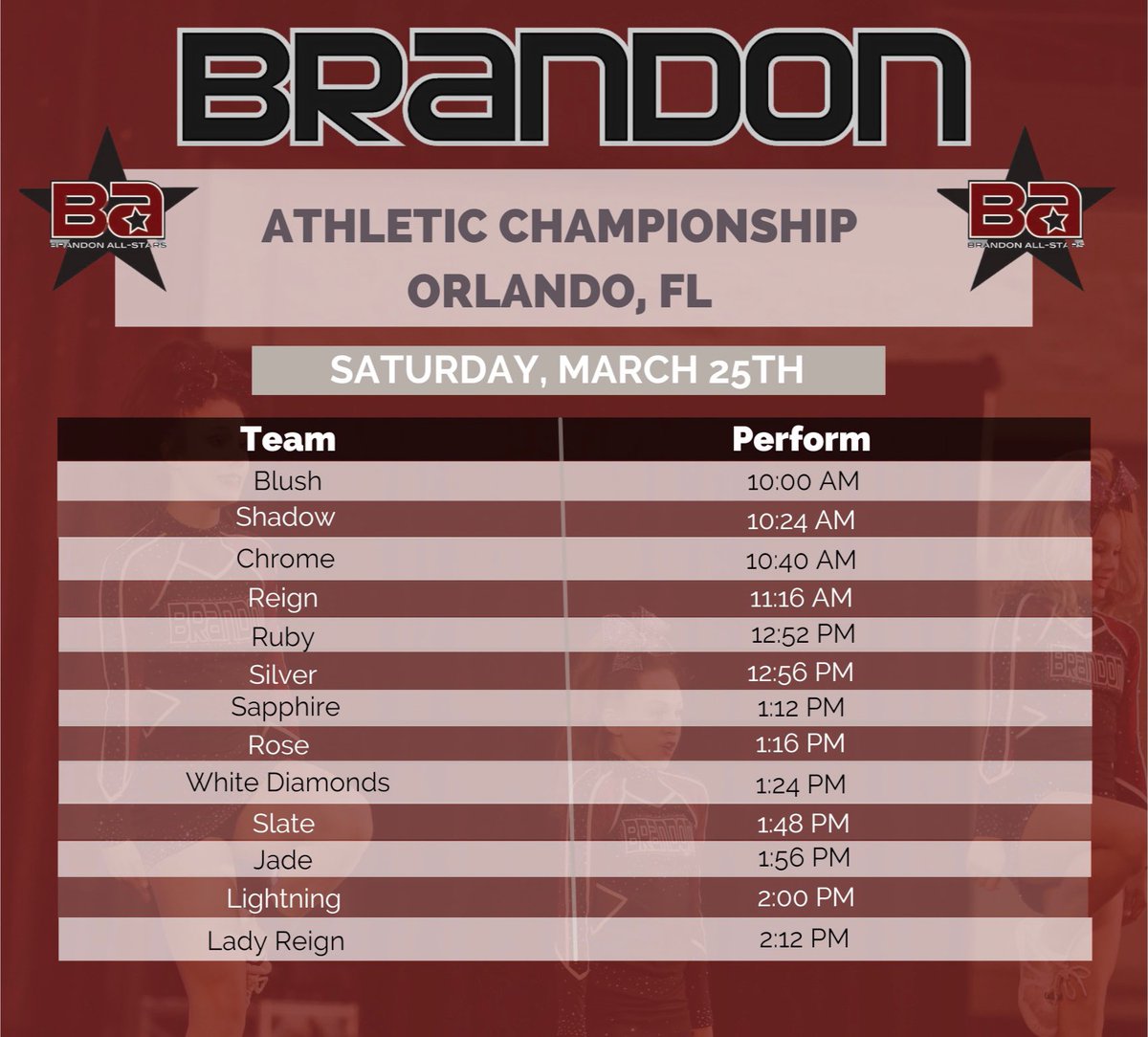 brandonallstars's tweet photo. Happy Competition Day, #BAFamily! We cannot wait to watch our teams perform at Athletic Championships! 😍🅱️🅰️💪

#BrandonAllstars #BrandonStrong #KnowOurName #Year28 #BAWC #BAJax https://t.co/nwq59Xw9fj