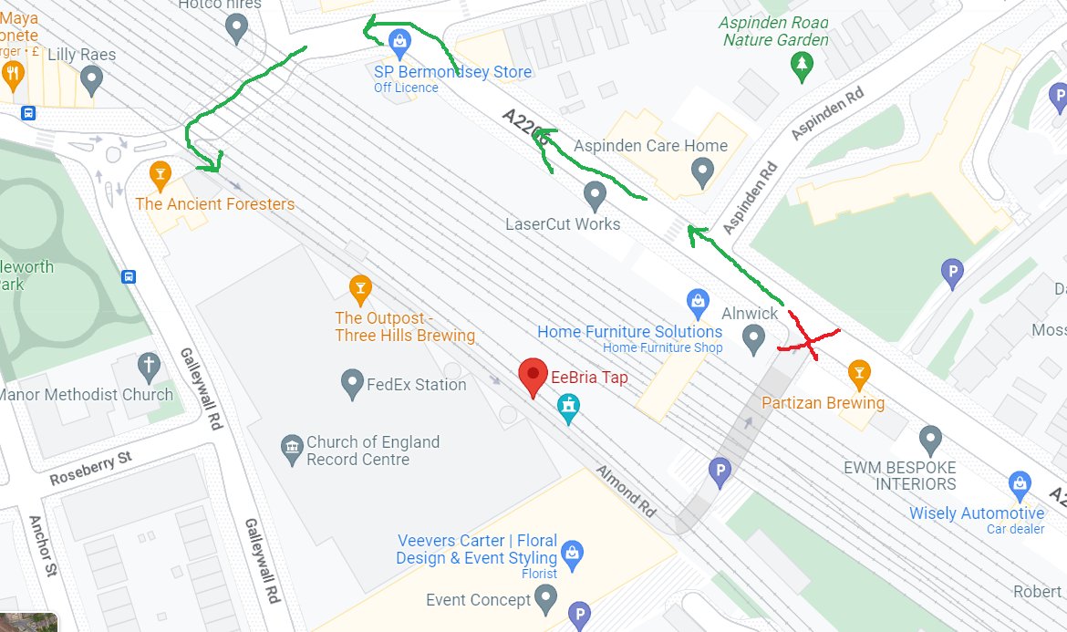 A PSA for any Beer Milers wishing to visit us, <a href="/SpartanBrewery/">Spartan Brewery</a>, and <a href="/threehillsbrew/">Three Hills Brewing</a> today - the entrance to Almond Road from Raymouth Road (next to <a href="/PartizanBrewing/">Partizan Brewing</a>) is closed - to reach us, simply follow this handy (and very professionally rendered) map #IAssureYouWereOpen