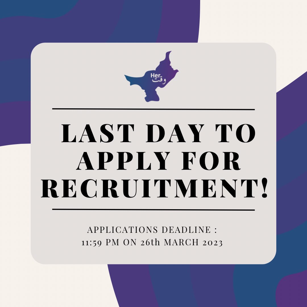 Only a day left to apply for the position of a  team member or general volunteer in HerWaqt. 

You can reach out to our team in regards to further queries. 

Deadline for the applications is 11:59 PM, 26th March.